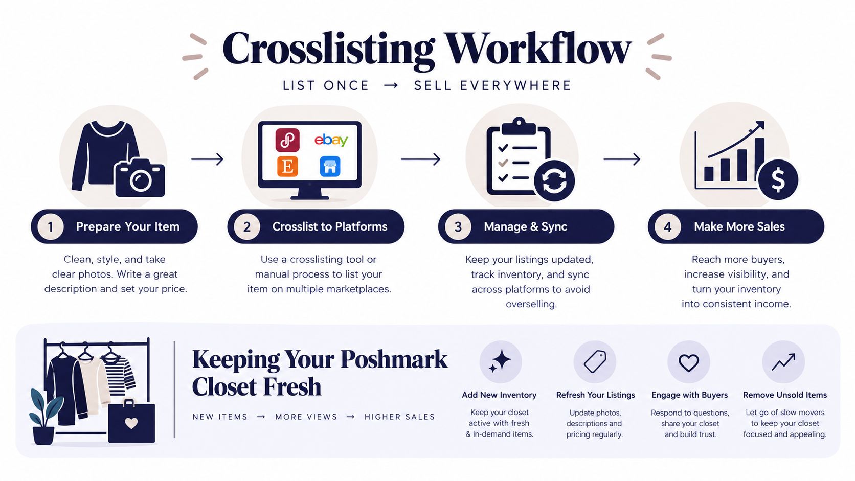 An infographic showing the four-step crosslisting workflow for online selling and tips for a fresh Poshmark closet.