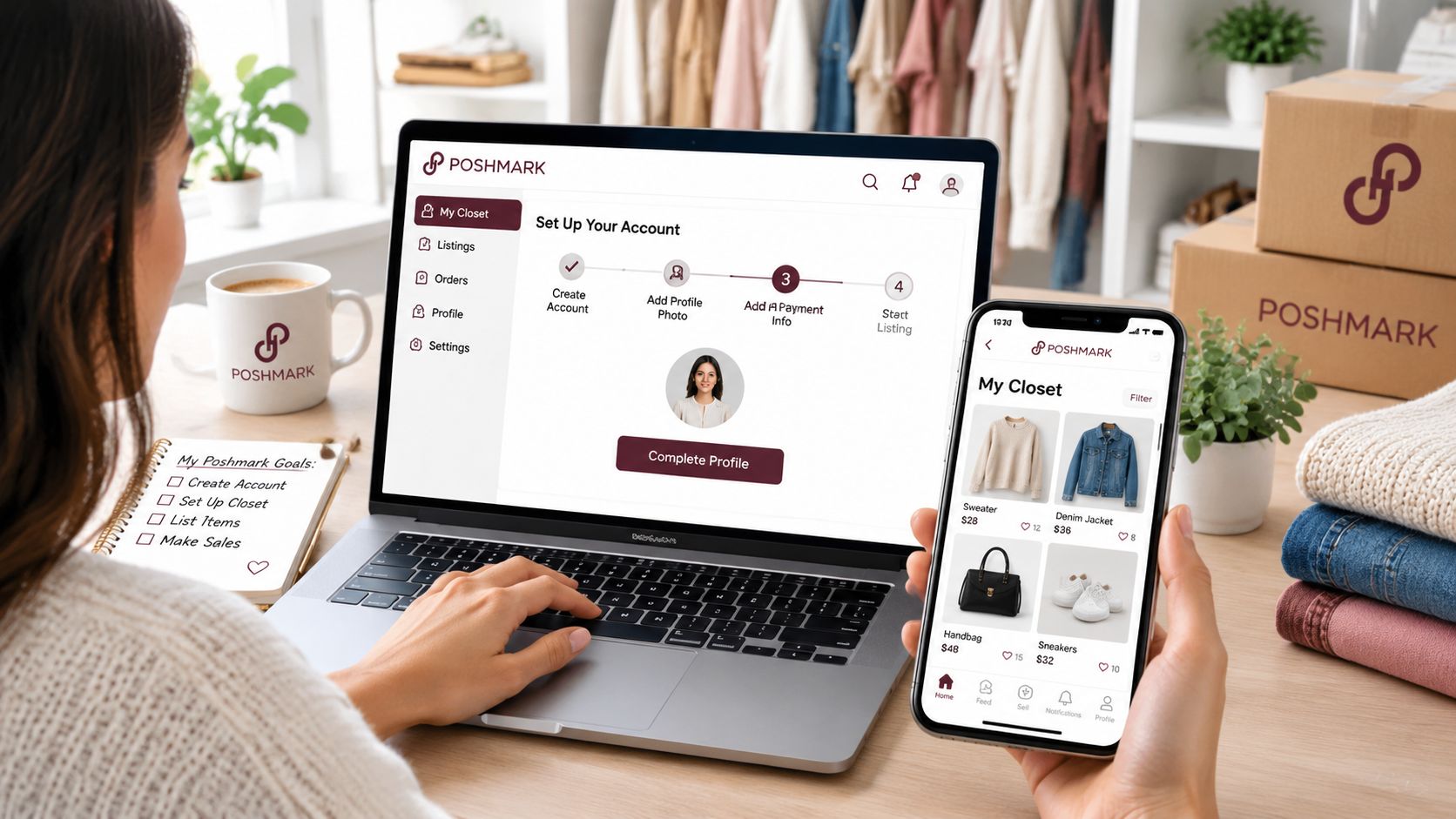 A woman working on her laptop and smartphone while managing her Poshmark online store from home.