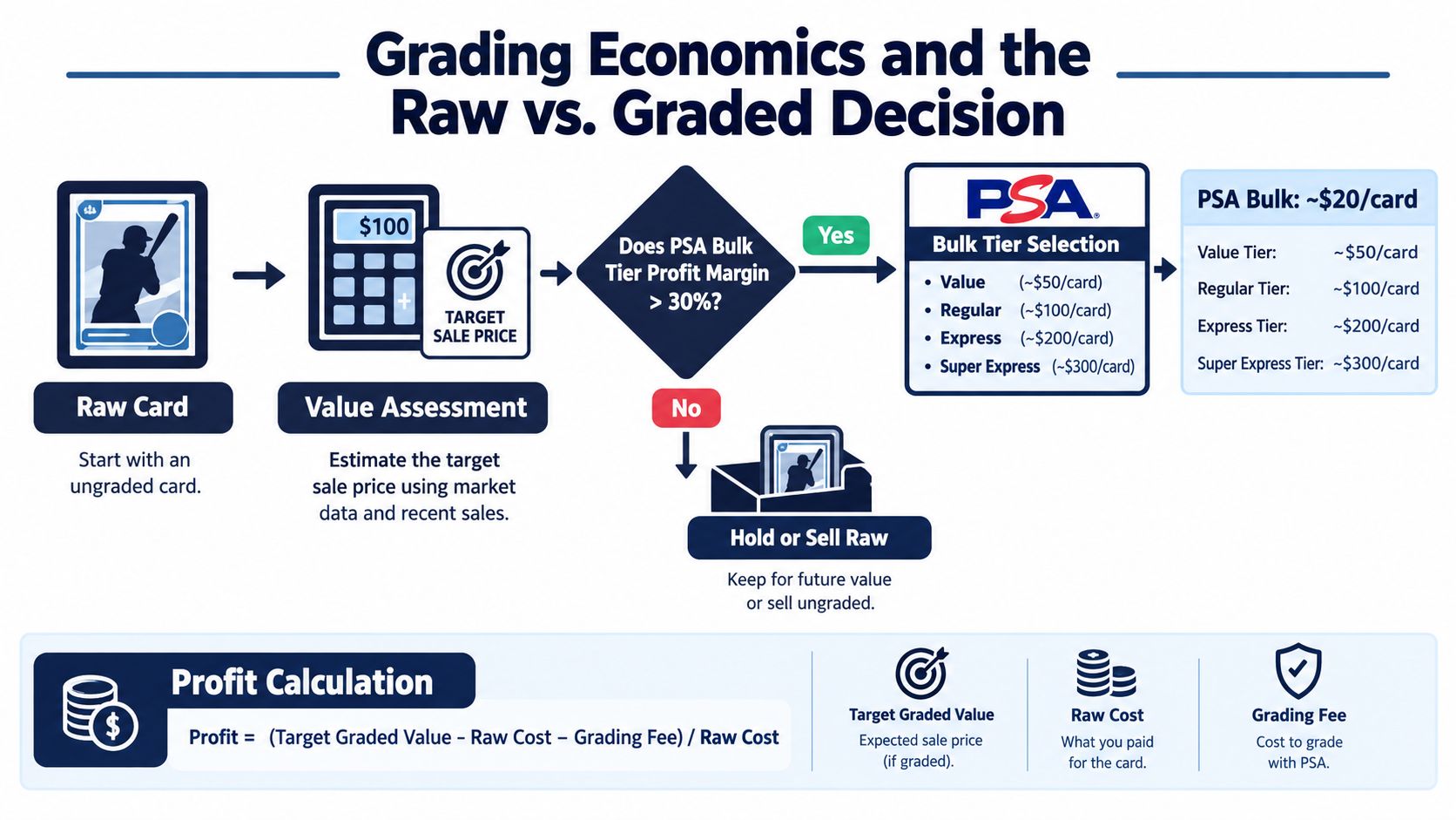 A flowchart explaining the economics of grading sports cards to determine if professional grading is profitable.