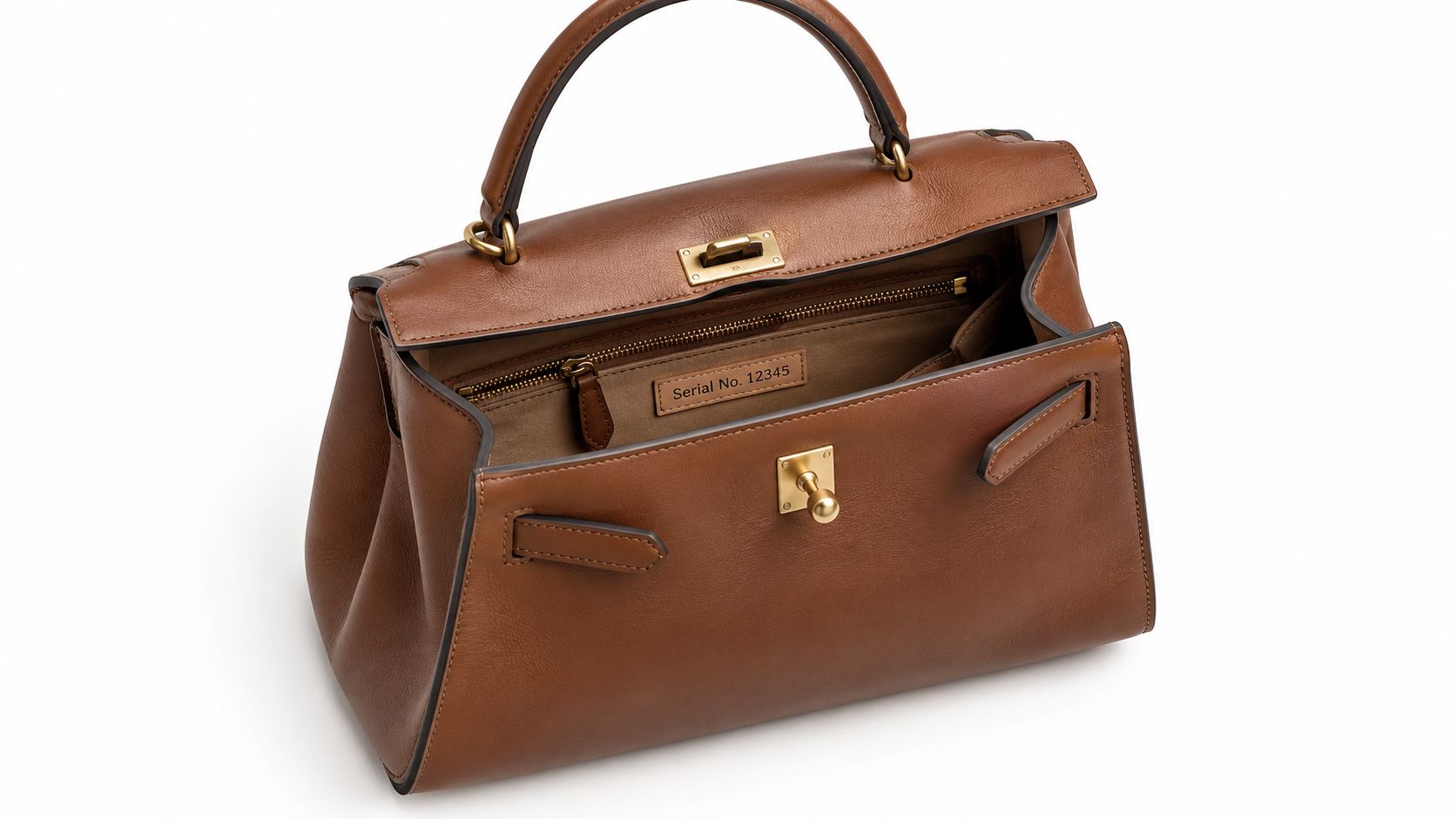A luxurious brown leather handbag with gold hardware is shown open against a clean white background.