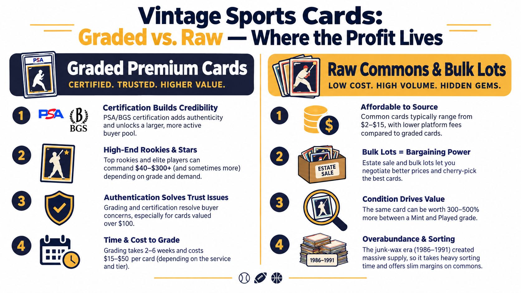 An infographic comparing the investment strategies of graded premium sports cards versus raw bulk lots.