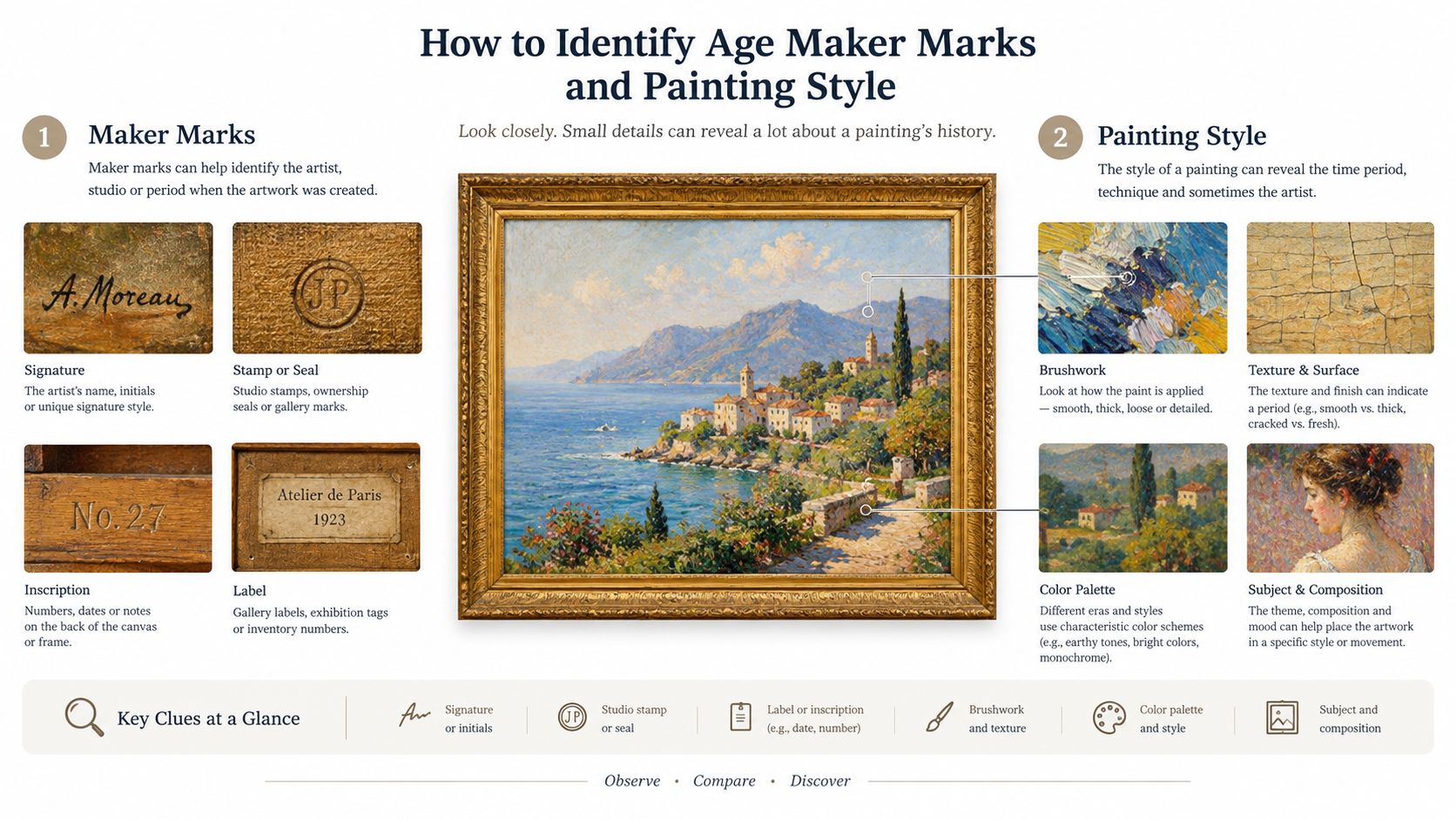 An infographic titled How to Identify Age Maker Marks and Painting Style, explaining key authentication methods.