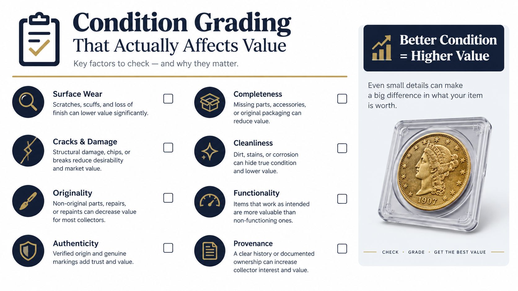An infographic titled Condition Grading that explains key factors affecting item value like wear, authenticity, and completeness.