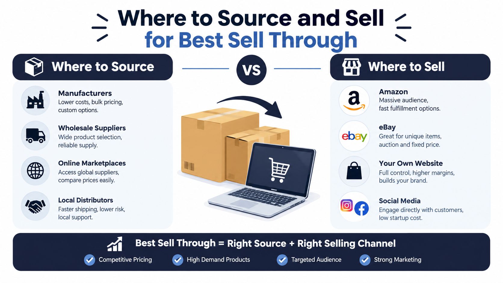 An infographic illustrating various sourcing channels like manufacturers and selling platforms like Amazon for business growth.