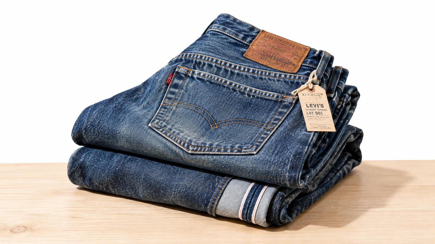A pair of classic blue Levi's 501 jeans folded neatly on a wooden surface with a tag.
