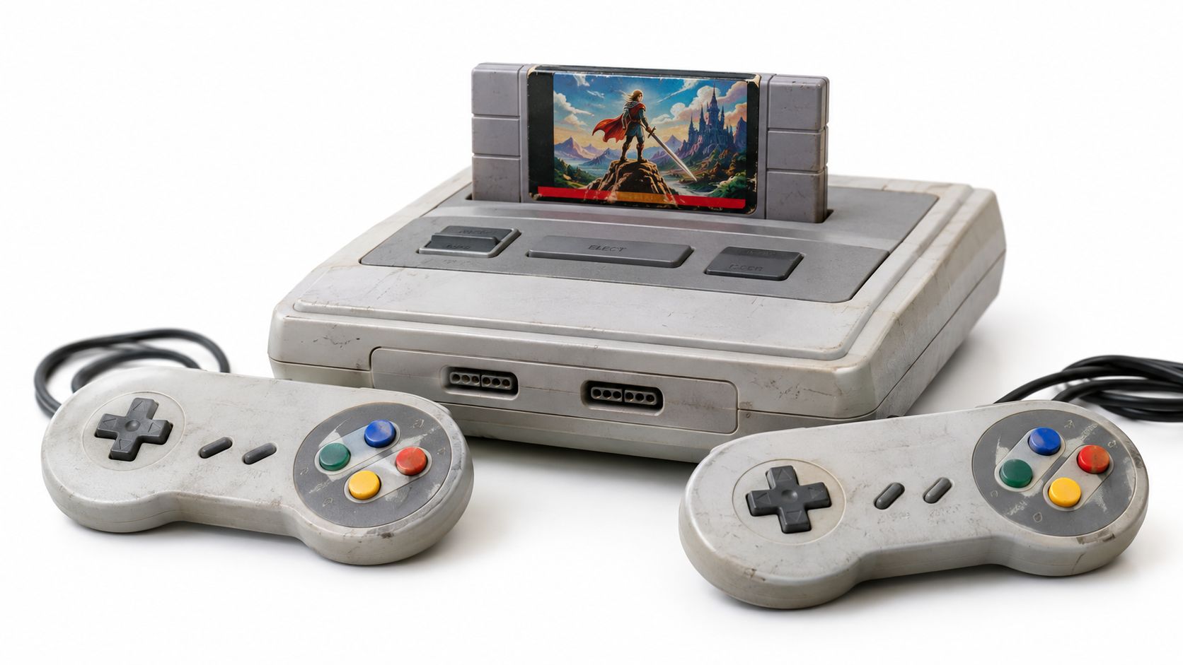 A vintage 16-bit video game console with two controllers and a game cartridge on a white background.