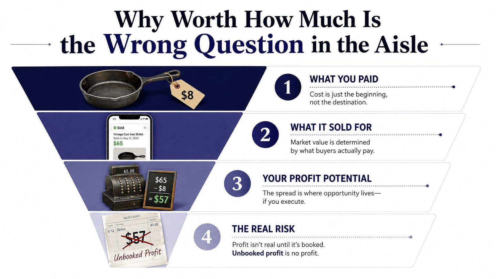 An infographic illustrating four steps to calculate profit potential when flipping vintage items like cast iron skillets.