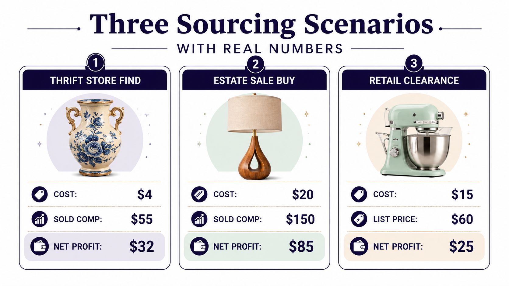 An infographic illustrating three distinct sourcing scenarios for product reselling with item costs and potential profits.