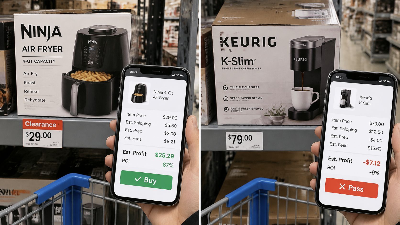 A shopper using a smartphone app to calculate potential profits for products at a retail store.