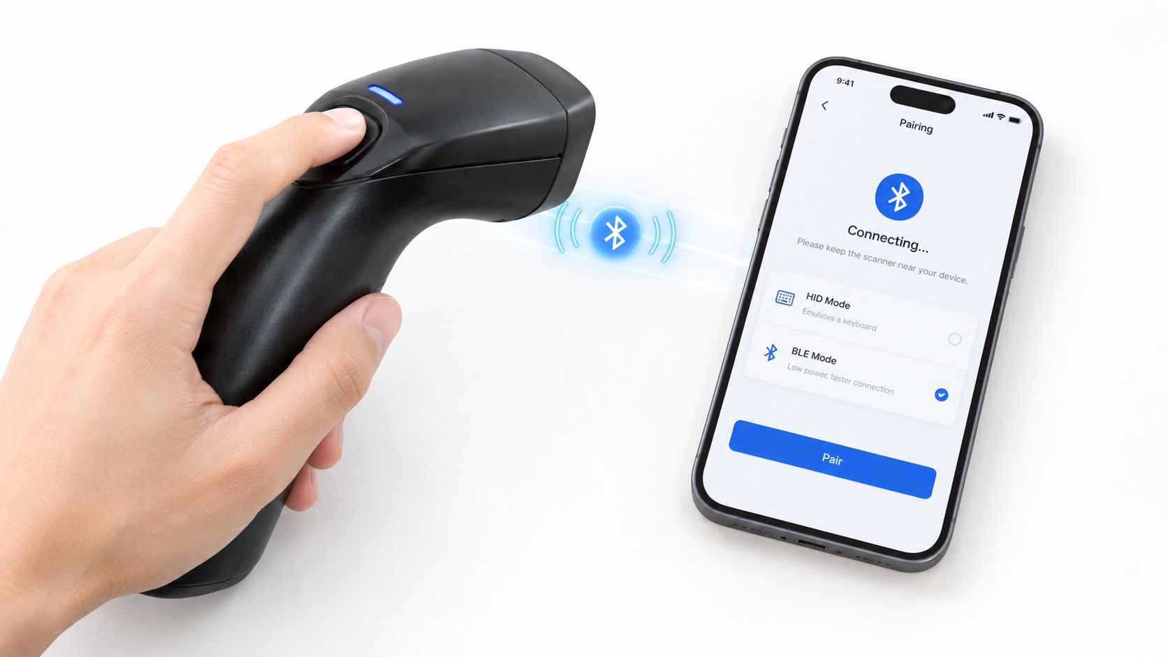 A hand holds a black wireless barcode scanner pairing with a smartphone via a Bluetooth connection app.