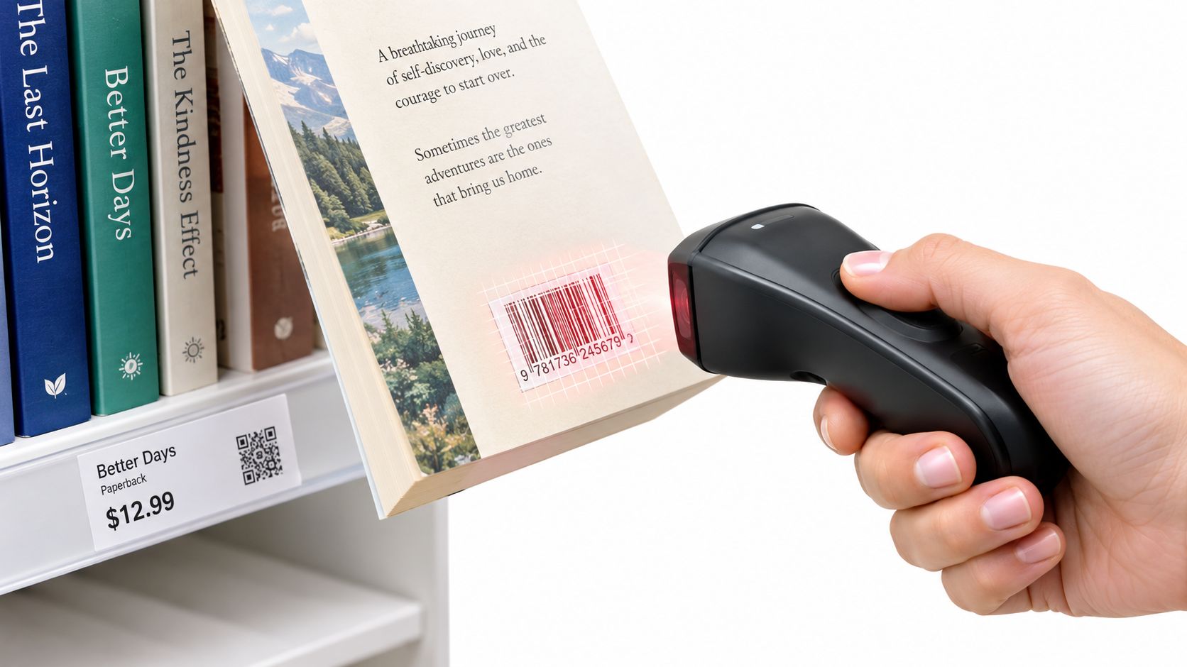 A hand using a handheld barcode scanner to scan the barcode on the back of a book.