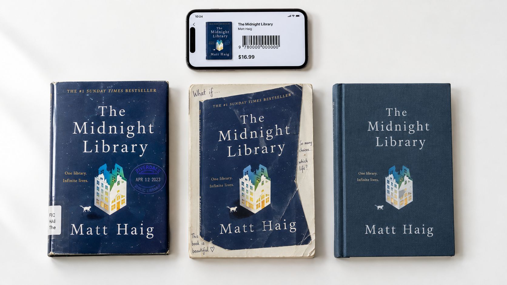 A smartphone scanning the cover of The Midnight Library book surrounded by several editions on a table.