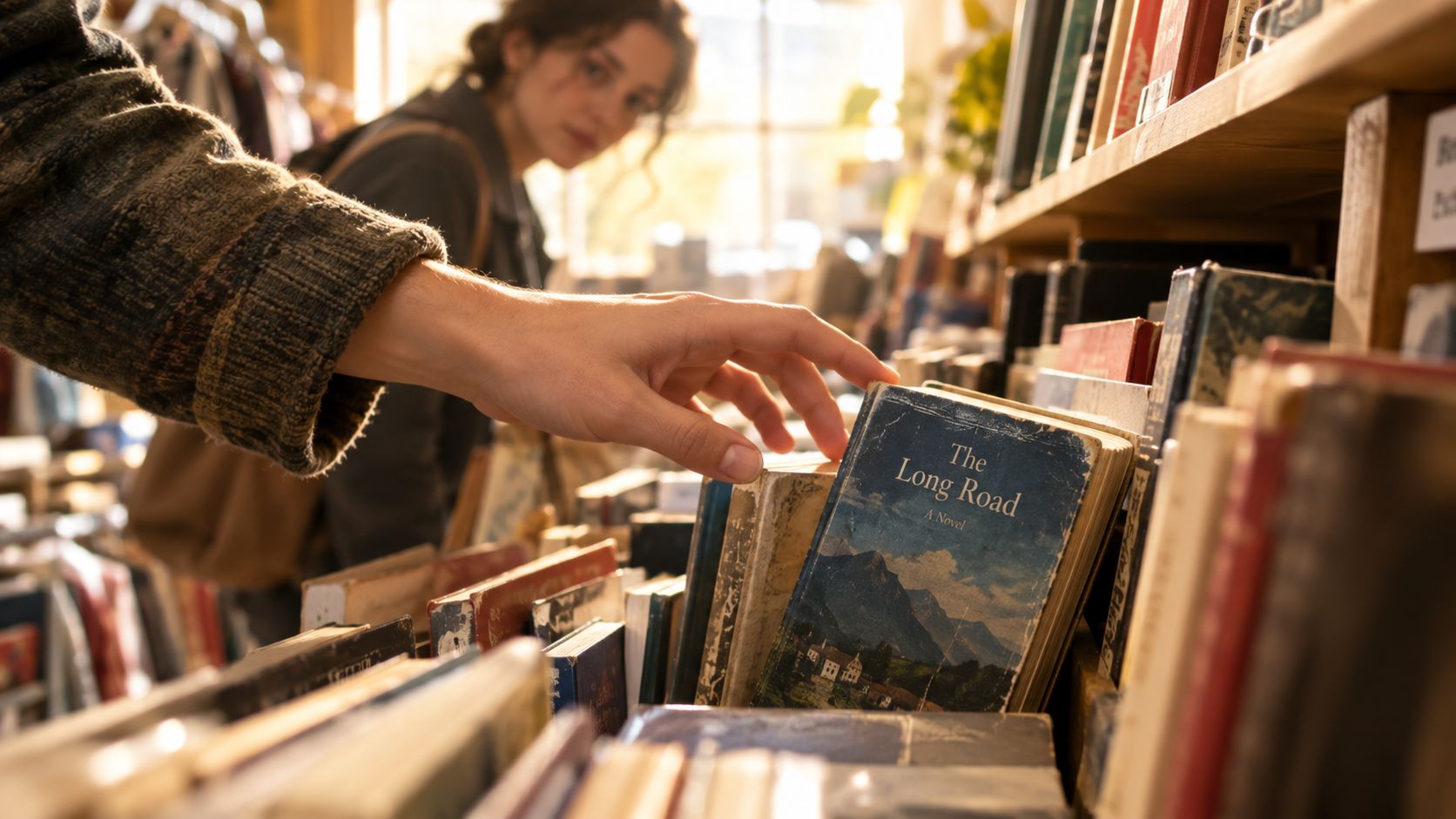 A person browsing through vintage books on a wooden shelf in a sunlit bookstore with shelves.