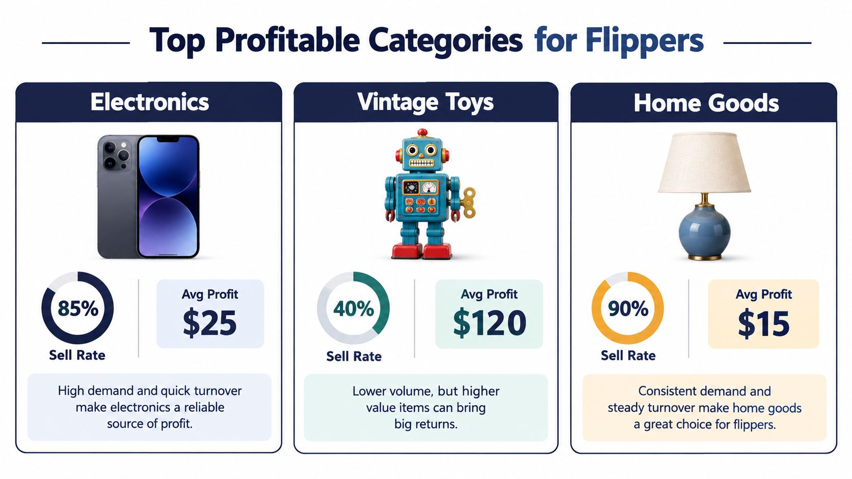 An infographic showing the sell rates and average profit for reselling electronics, vintage toys, and home goods.