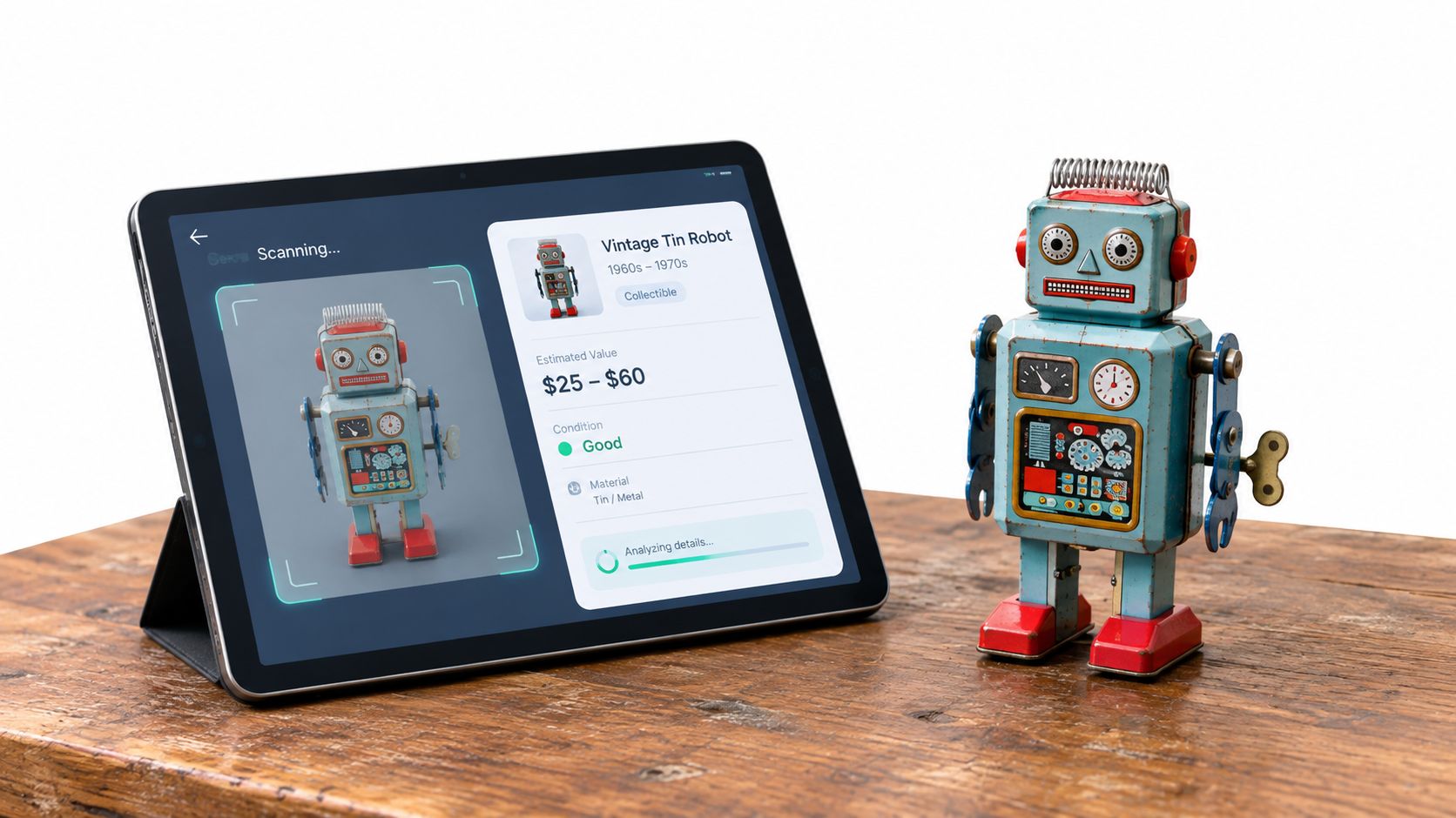 A tablet displays an app scanning a vintage tin robot toy to provide item appraisal information.