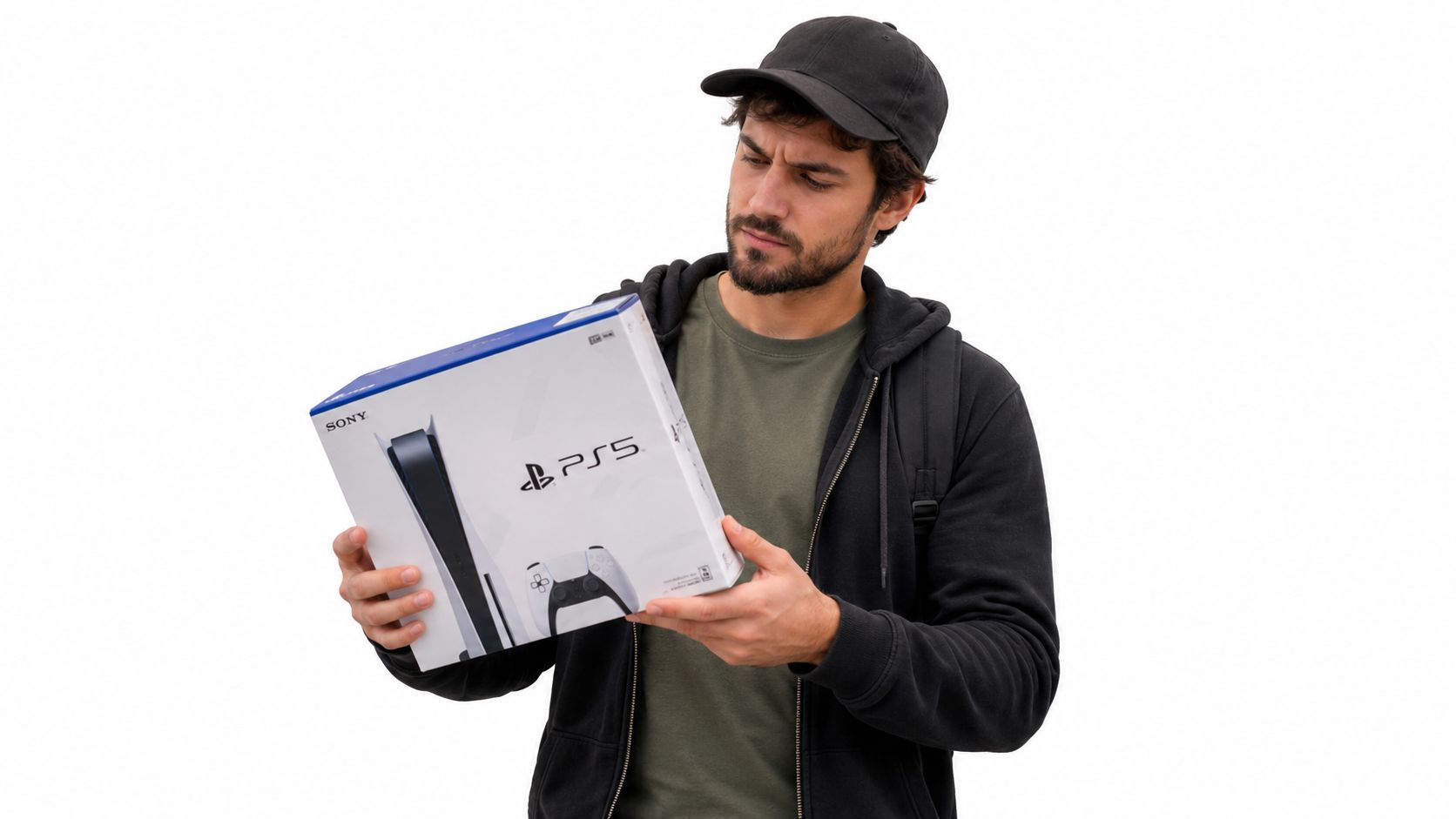A young man wearing a black cap and hoodie holding a PlayStation 5 box, looking skeptical.