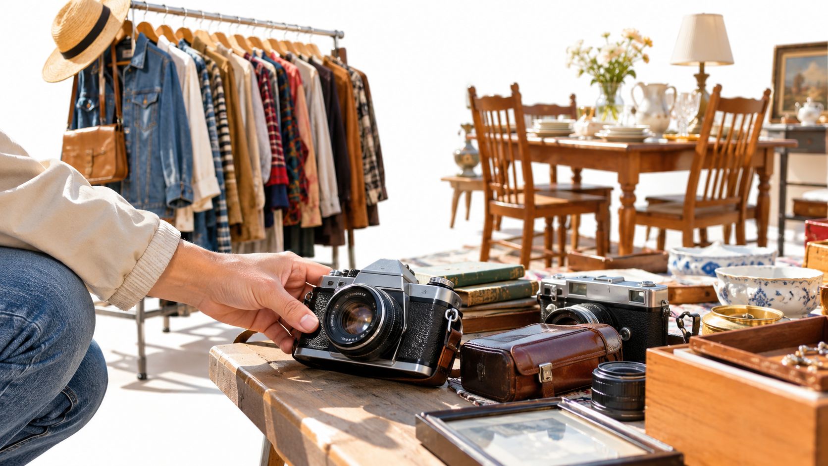 A person browsing vintage cameras at an outdoor flea market filled with clothes and antique home decor.