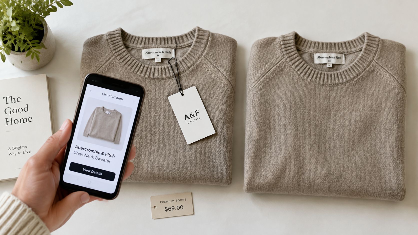 A hand holds a smartphone showing a sweater product page next to two tan Abercrombie and Fitch sweaters.