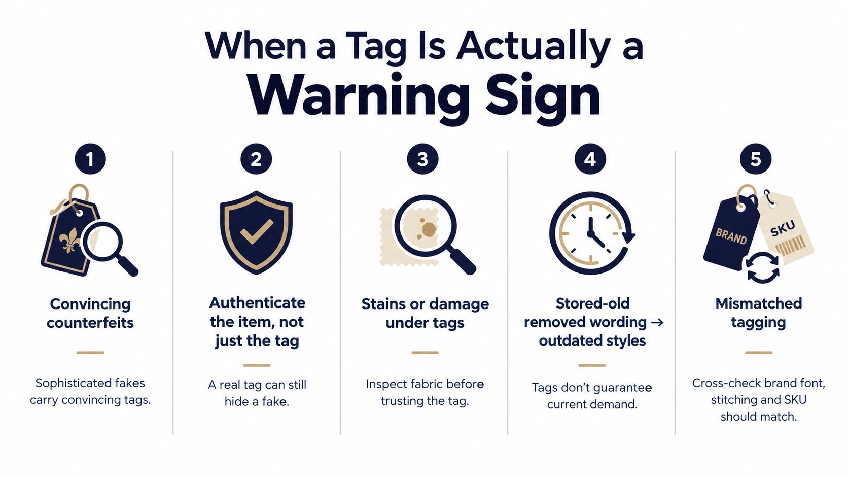 An infographic titled When a Tag Is Actually a Warning Sign, listing five tips for authenticating items.