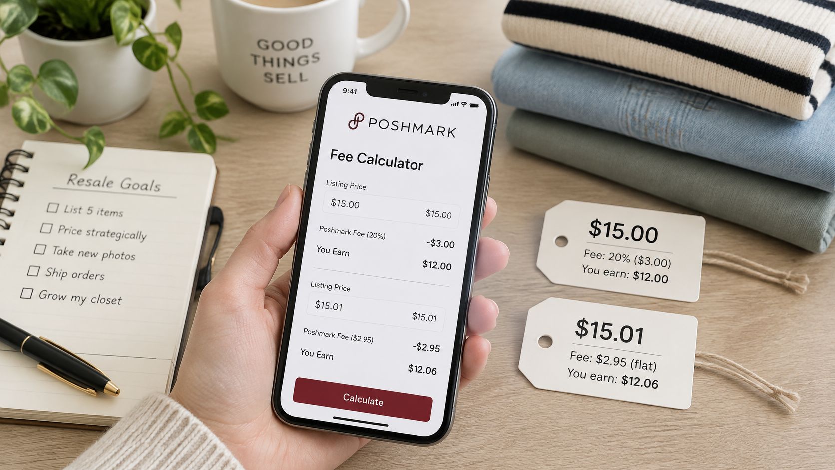 A person holding a smartphone displaying the Poshmark fee calculator app next to a notebook and price tags.