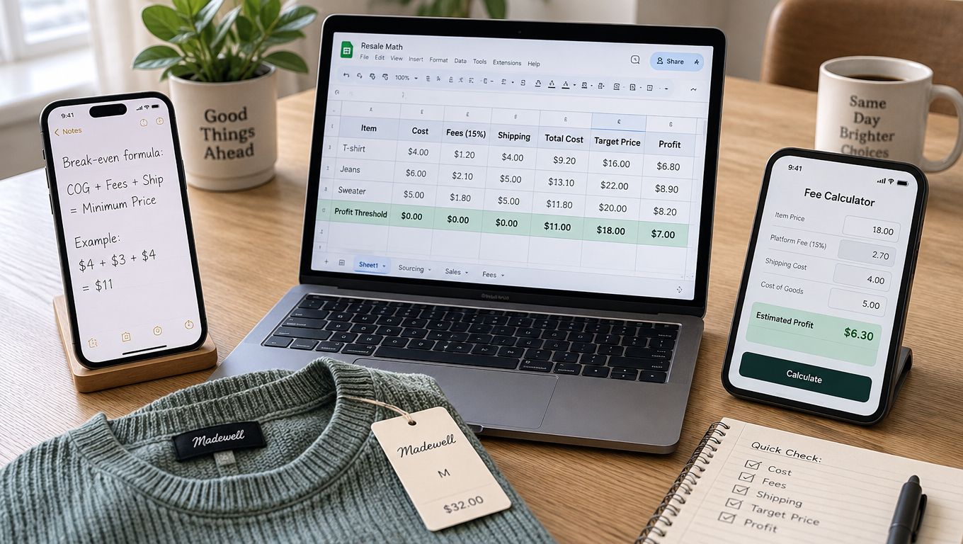 A laptop and two phones displaying resale pricing and fee calculators on a desk with a sweater.
