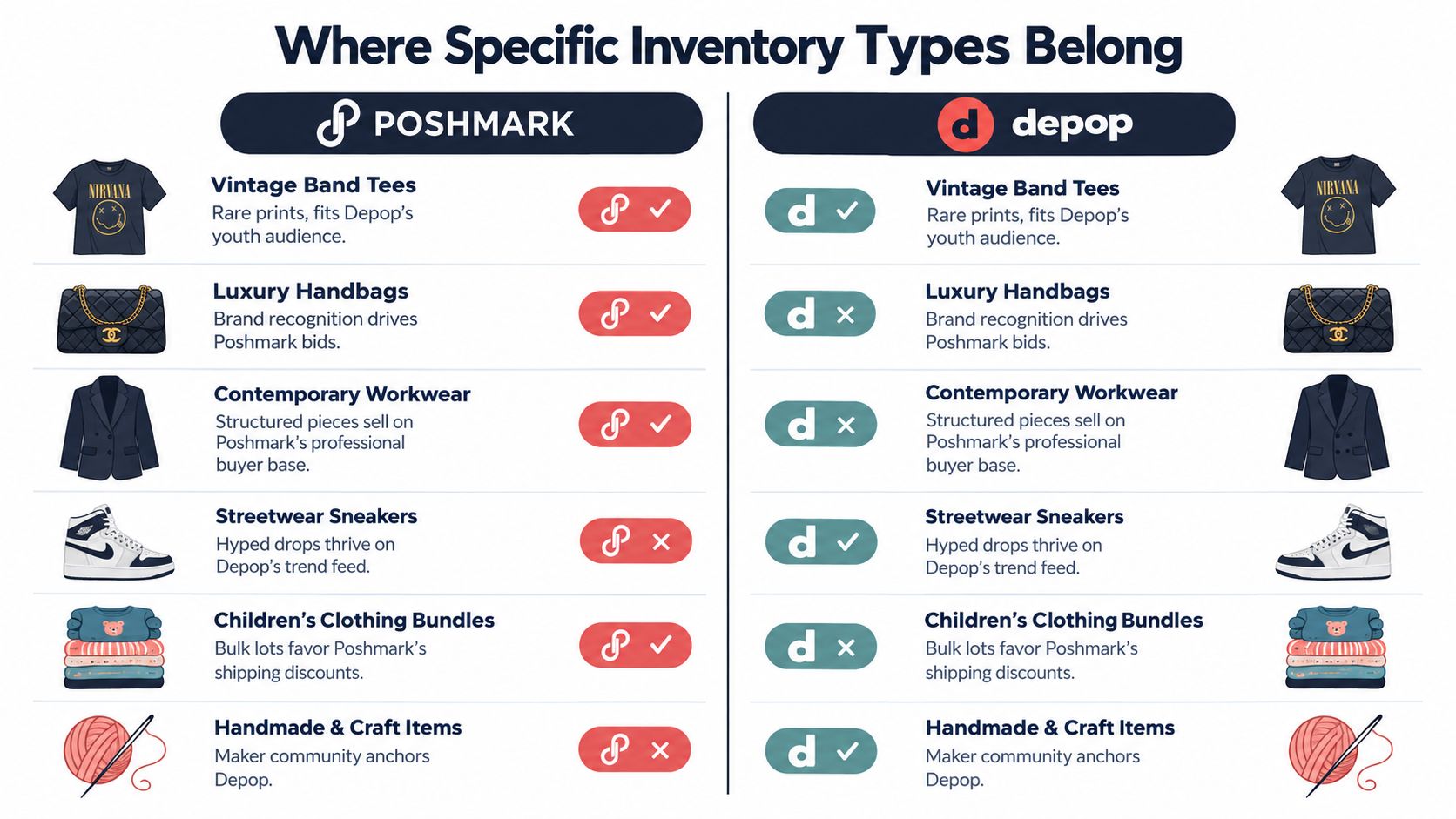 A comparison chart showing which types of clothing and items best fit Poshmark versus Depop platforms.