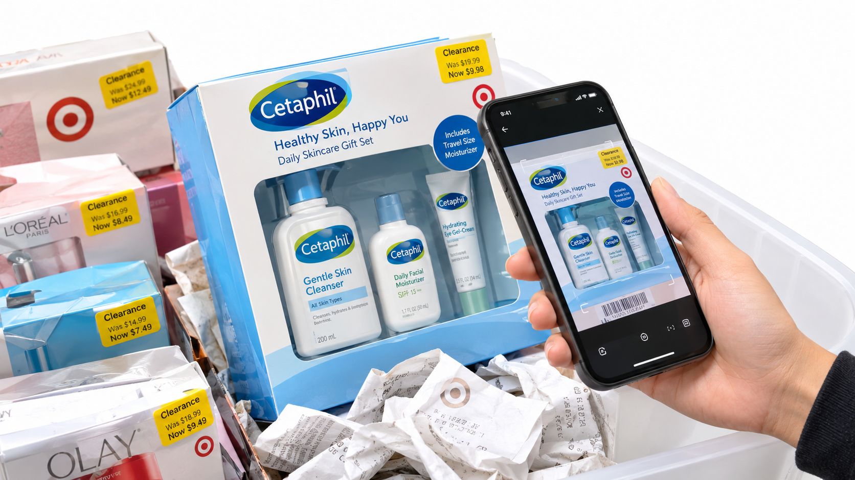 A hand holds a smartphone scanning a Cetaphil skincare gift set box with a Target clearance sticker.