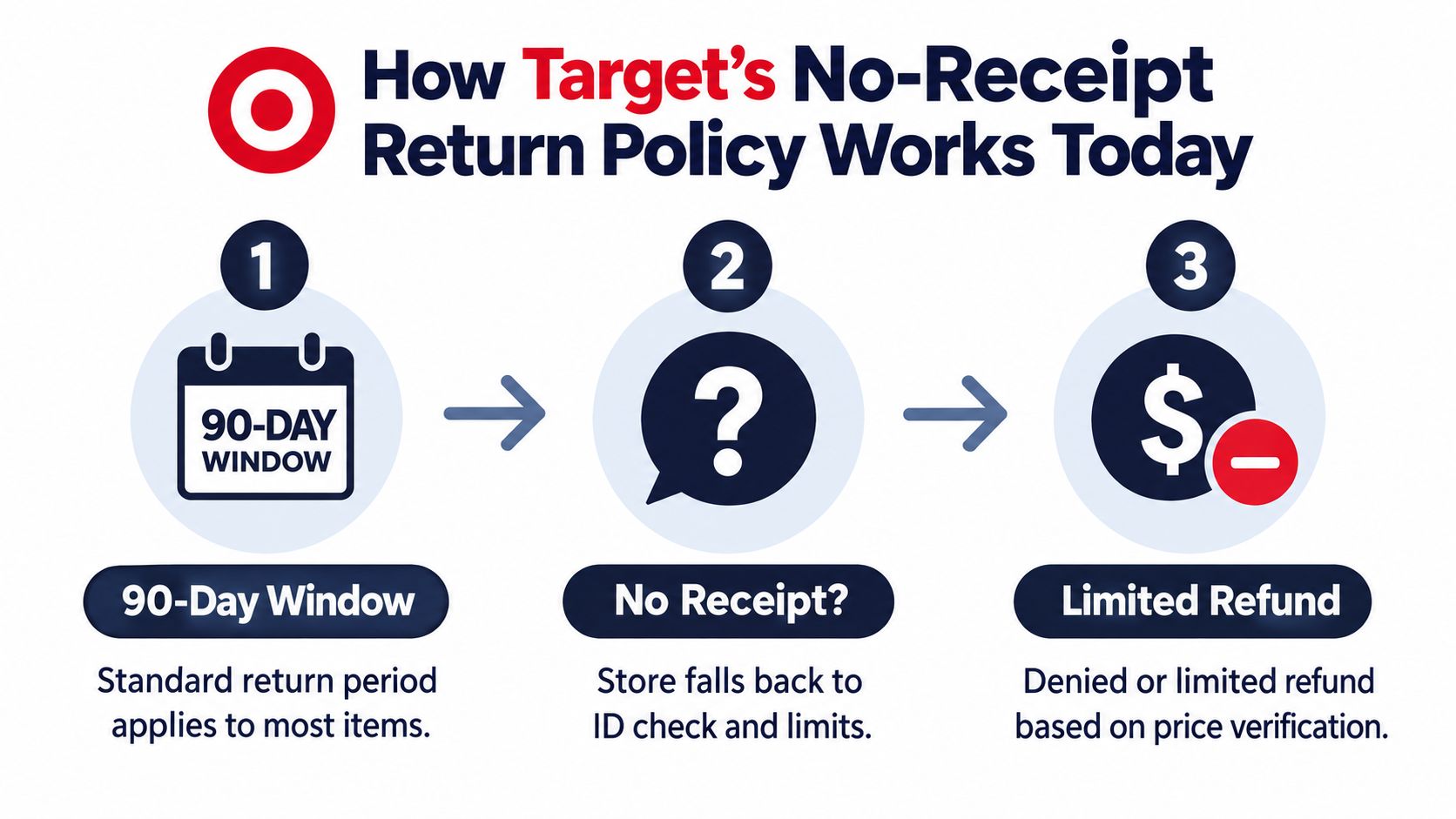 A three-step infographic explaining Target's no-receipt return policy with icons for the 90-day window, ID checks, and limited refunds.