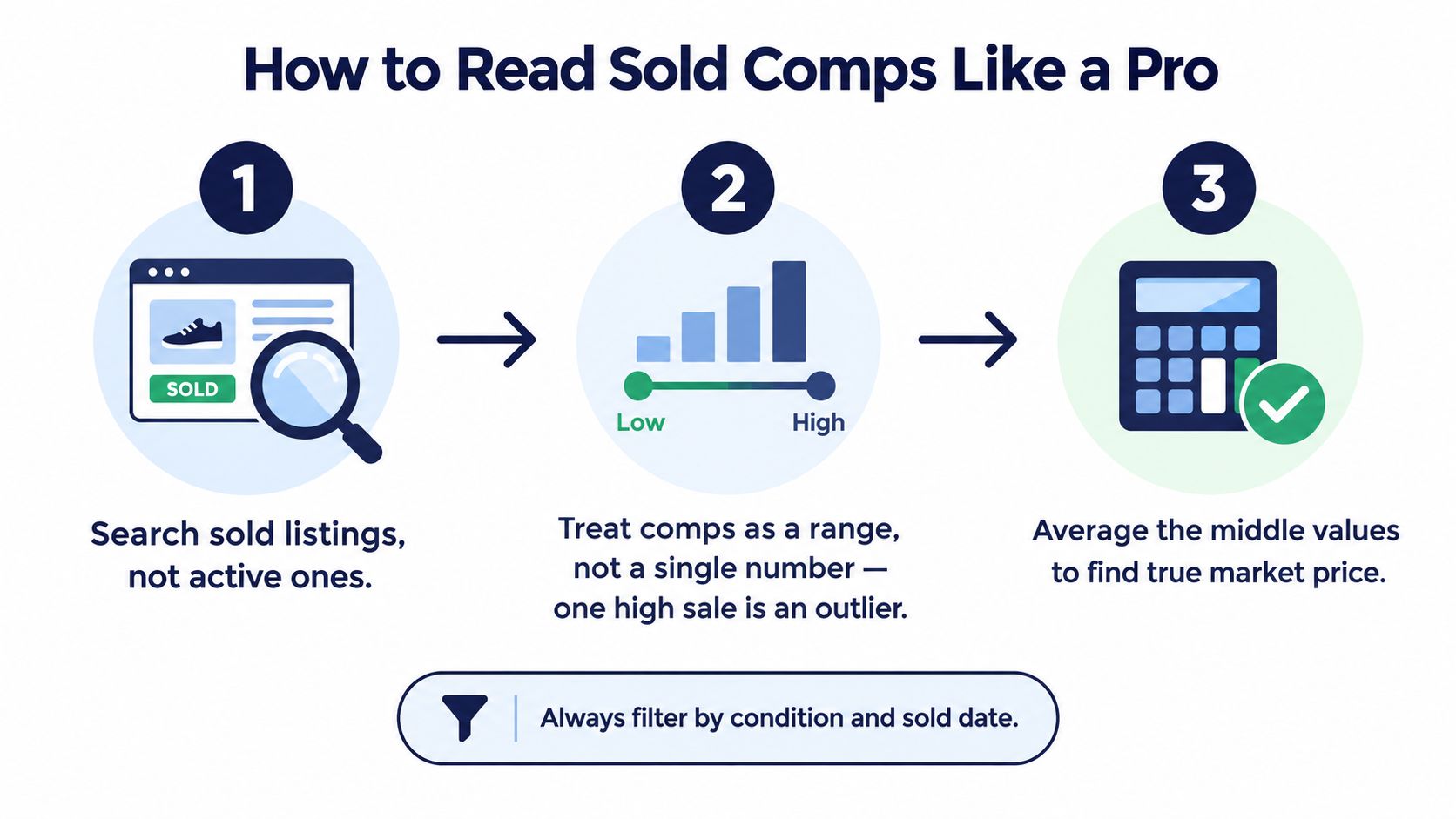 A three-step infographic on how to evaluate market pricing using sold listings for resale items.